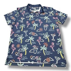 Chubbies Polo Shirt Navy Blue Flamingo Neon Lights Tropical Party Men’s Size M